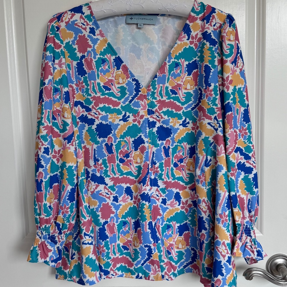 Tuckernuck XL Cabana Print Easton Blouse Ruffle Sleeve Swing Top Multicolor